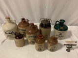 8 pc. lot of vintage stoneware jugs; The Weir 1892, Dickel, McCormick Platte Valley corn whiskey