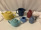 6 pc. lot of vintage pastel ceramic pottery; Monmouth pitcher, Lipton Tea creamer, Hall tea pot,