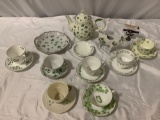 18 pc. shamrock bone china tea cups & saucer sets; Aynsley, Royal Tara, Belleek, Stanley, Regency,