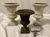 3 pc. lot of vintage/antique cast iron garden urns / planters , approx 9 x 13 in.