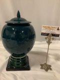 Signed pottery John Page blue urn w/ lid, approx 6 x 12 in.