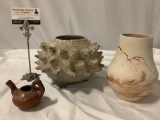 3 pc. primitive/ vintage handmade spike vase, Nemadji Pottery USA, tiny clay tea pot