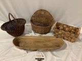4 pc. lot of vintage woven wicker baskets, bent reed basket signed by artist, see pics