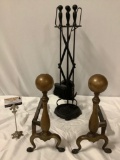 Antique fireplace andirons by Packard Malloy - Portland, ORE., plus vintage cast iron fire poker/log