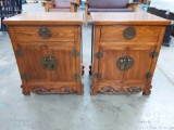 Vintage Chinese Elmwood Night Stand/End Tables w/ Carved Designs