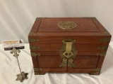 Vintage wood Asian style jewelry box w/ brass details, approx 14 x 9 x 10 in.