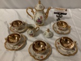 Vintage Bavarian 12 pc. RARE Alfred Hubb gold accent tea set w/ pot, creamer, approx 7 x 7 in.