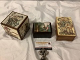 3 pc. lot of vintage wood Swiss music boxes; 2x REUGE , Buhler, made in Switzerland, Tested/working.