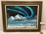 Framed Vintage Original Aurora borealis Mountain Scene oil painting on canvas signed by artist JW,