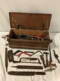 Antique wood trunk / rolling tool box w/ wood handle hand tools, wrenches, hammer, saws, files,