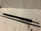 Fantasy sword w/ leather sheath, made in Pakistan, hilt is missing piece (see pics), approx 53 x 7