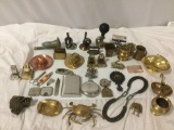 Lg. mixed lot of vintage /antique metal collectibles/ desk calendars, ashtrays, horns, metal items