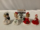 4 pc. Josef Originals painted porcelain Bride/Groom figurine, holiday bells; Christmas angels / girl