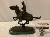 Vintage bronze Fredrick Remington horse & rider sculpture art piece w/ marble base, approx 4 x 9 x