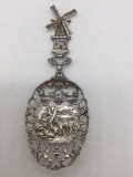 Hard to find circa ornate 1910 Dutch .835 silver repousse spoon W/ farm scene , windmill