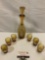 Vintage gold rim glass decanter set what hand painted floral detail, approx 3 x 12 in.
