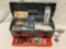 Plastic FLAMBEAU tool kit w/ collection of art supplies, approx 22 x 9 x 11 in.