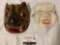 2 pc. Vintage / antique handmade masks; wood carved dragon mask from China, paper old man mask made