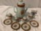 Old antique Chinese porcelain tea pot w/ 4 cups and saucers w/ lids , approx 8 x 10 in.
