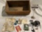 Antique wood crate with collection of vintage fishing gear: RODDY 810-A reel, Langley De-Liar,
