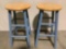 2 pc. Lot of wooden stools, legs painted blue , approx 13 x 25 in.