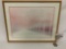Framed Carlos Rios lithograph art print, winter trees in pink, approx 29x23 inches.