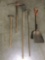 5 pc. lot of vintage wood handle yard tools; sledge hammer, pic axes , shovel, and more.
