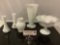 5 pc. lot of vintage white / milk glass decor; Hoosier Glass flower vase, ripple edge pedestal bowl