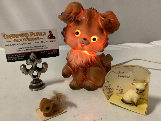 3 pc. lot of Josef Originals: puppy dog nightlight (tested/working), miniature cat / baby squirrel