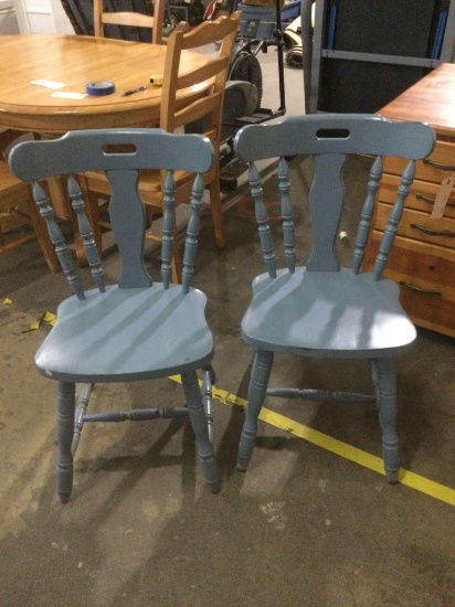 Pair of solid wood painted blue dining chairs