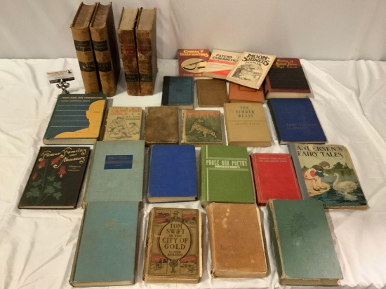 Lot of antique and vintage Books, School Books, fiction, instructional, see pics.