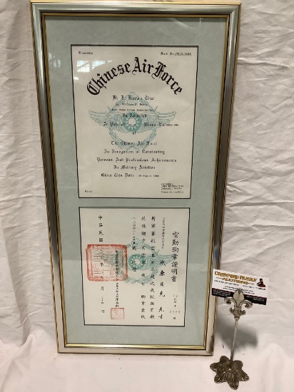 Framed Chinese Air Force pilot certificate, approx 12 x 25 in.