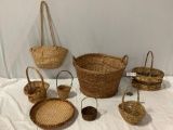 8 pc. lot of vintage woven baskets / shoulder bag/purse, drying basket, approx 22 x 15 in.