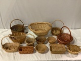 13 pc. lot of vintage woven baskets, many styles, approx 23 x 17 x 9 in.