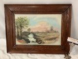 Antique framed original canvas painting signed MF, 1915, approx 24 x 18.5 in.
