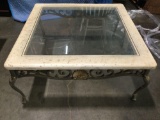 Vintage cast-iron painted frame/ glass top coffee table, approx 37 x 37 x 18 in.