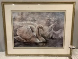 Large framed swan art print, approx. 46 x 36 in.