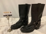 Pair of black leather motorcycle boots, size 7.5, approx 10 x 4 x 12 in.