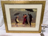 Framed Vettriano art print of people dancing in rain while servants hold umbrellas, approx 24 x 21
