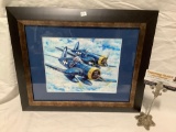 Framed fighter plane artwork, approx 17 x 14.5 in.