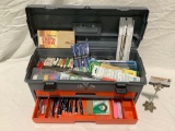 Plastic FLAMBEAU tool kit w/ collection of art supplies, approx 22 x 9 x 11 in.