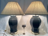 2 blue ceramic Lamps w/ shades, tested/working, approx 20 x 30 in.