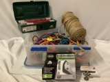 Lot of emergency road equipment; tub full of bungee cords, rope, plastic kit full of road flares,