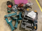 Tub full of electric shop tools; RYOBI cordless drill driver w/ case, Makita saw / drills, batteries