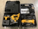 2 pc. lot DEWALT cordless power tools; right angle drill driver, speed jigsaw with cases, batteries