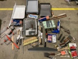 Large lot of house painters equipment: painting trays, rollers, brushes, trowels and more.