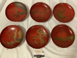 6 pc. set of antique circa 1800s Chinese hand painted red lacquer hanging plates w/ hangers