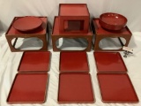 12 pc. lot of antique Asian red / brown nesting lacquer tray stands, plates, pedestal bowl, pedestal