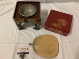 3 pc. lot of antique Asian lacquer stand w/ heavy metal bowl, box w/ lid and floral painted design,
