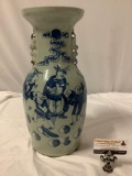 Old antique RARE 1800s Chinese blue double handle happiness vase w/ figural design, nice piece.